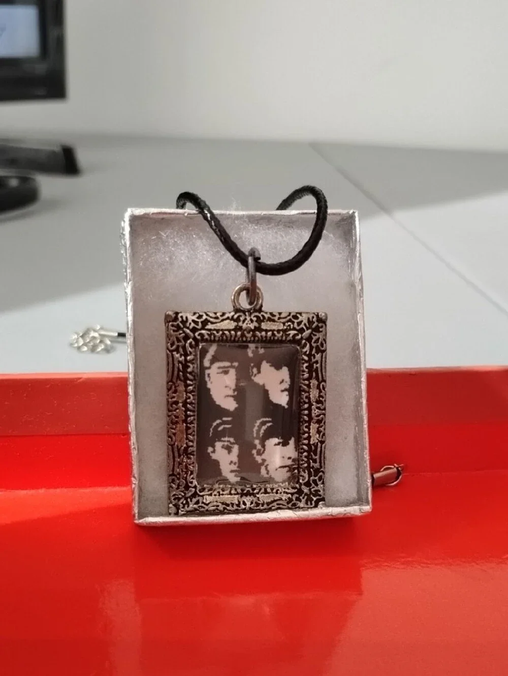 Vintage-Style Rectangular Photo Pendant Necklace - Black Cord